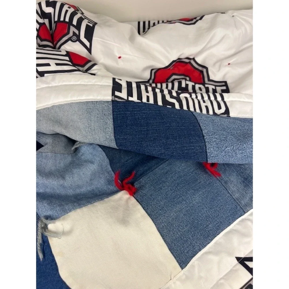 Handmade Ohio State Buckeyes Reversible Denim Patchwork Quilt Tied Throw Blanket